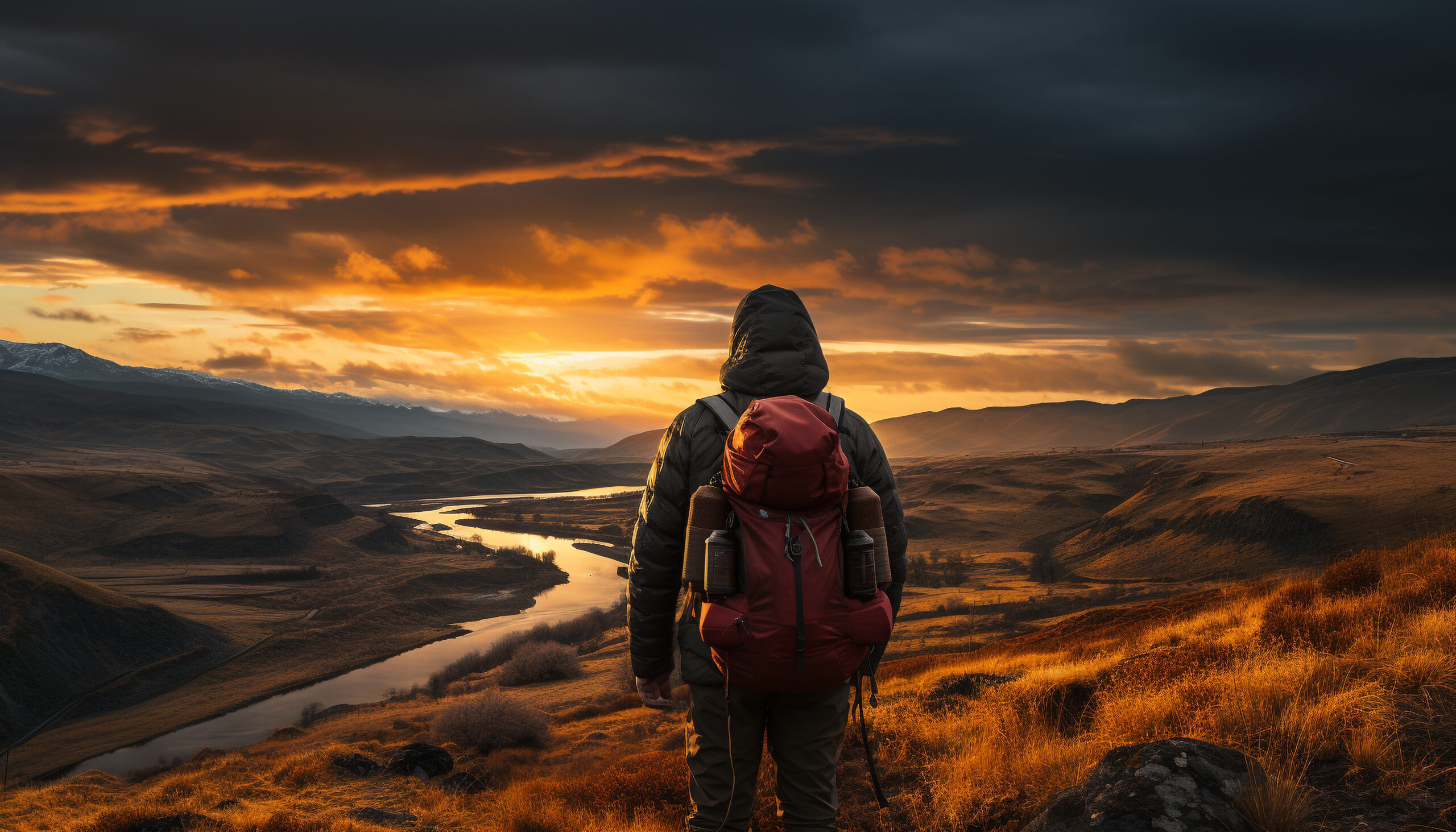 Men hiking mountain peak, enjoying nature beauty in sunset glow generated by artificial intelligence